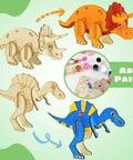 Fun Wooden Dinosaur Craft Kit For Kids Aged 4 To 8 3D DIY Painting Set with dinosaur models and paint materials displayed