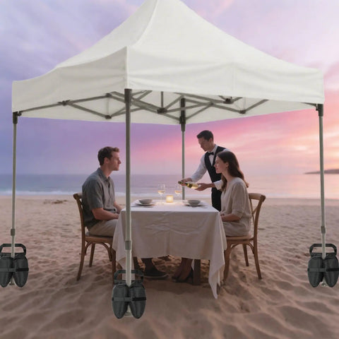 Set of Four Canopy Weights Sand Bags, Heavy Duty 420D Oxford Tent Weights on beach with canopy and dining table at sunset