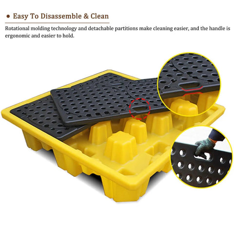 Stackable Industrial Drum Spill Pallet With Drain Modular Workhorse Heavy Duty Containment Platform, yellow with black grid