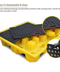 Stackable Industrial Drum Spill Pallet With Drain featuring yellow steel tray and easy-to-remove black grid in warehouse use