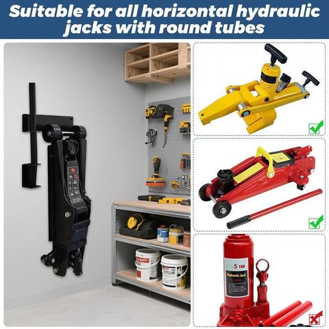 Wall Mount Jack Stand Holder For Floor Jacks And Stands Stainless Steel Tool Organizer Rack installed in garage