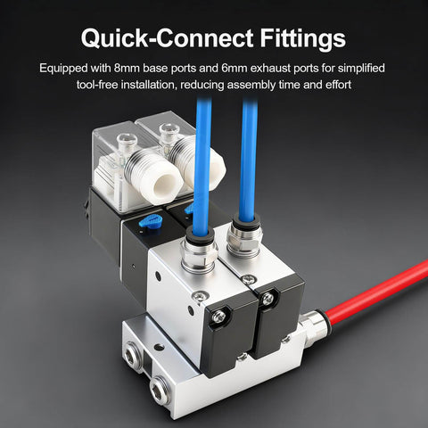 All-In-One Two-Station Solenoid Valve Manifold For Pneumatic Systems, 110V AC Three-Way Two-Position Air Valve With Double Solenoid, equipped with quick-connect fittings, Model 3V210-08
