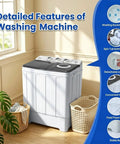 Slick Portable Twin Tub Washing Machine, 28 Pound Capacity Featuring Drain Pump, Semi Automatic Compact Washer And Spinner Combo For Dorms, Apartments, Recreational Vehicles, Straight Up No Hassle Grey Build with various features highlighted in a room.