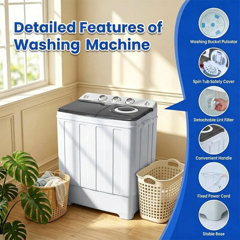 Slick Portable Twin Tub Washing Machine, 28 Pound Capacity Featuring Drain Pump, Semi Automatic Compact Washer And Spinner Combo For Dorms, Apartments, Recreational Vehicles, Straight Up No Hassle Grey Build with various features highlighted in a room.