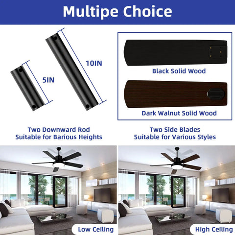 Diagram of 52 Inch Ceiling Fan With Light And Remote For Indoor Outdoor Use Matte Black Finish With Aged Walnut Blades options.