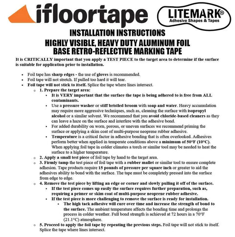 Installation instructions for Yellow Reflective Pavement Marking Tape For Outdoor Use Built Tough, 4 Inch By 150 Foot Roll Conforms To Rough Or Smooth Asphalt And Concrete Surfaces Heavy Duty Foil High Visibility Lane Marking Tape shown on an instruction sheet from ifloortape.