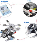 Massive 825 Piece Navy Battle Fleet Building Set helicopter with instruction manual, detailed parts, and assembly close-up.