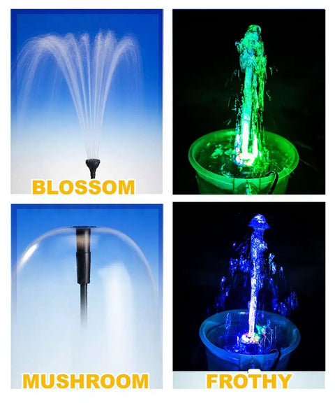Water Pump Kit With Mushroom And Blossom Spray Heads, 12 LED Fountain Ring, showing three water patterns in a collage