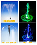 LED Fountain Pump Kit With Mushroom And Blossom Spray Heads For Backyard Ponds showing spray patterns and LED colors.