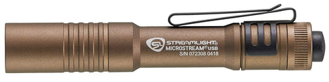 MicroStream USB Rechargeable LED Flashlight 250 Lumen 1150 Candela EDC Ultra Compact Pocket Sized Coyote side view with clip