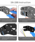 Step-by-step SN 28B Dupont crimping tool instructions, showing wire insertion and crimping for 60 Sets Dope Servo Connector Kit