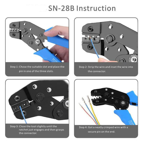 Step-by-step SN 28B Dupont crimping tool instructions, showing wire insertion and crimping for 60 Sets Dope Servo Connector Kit