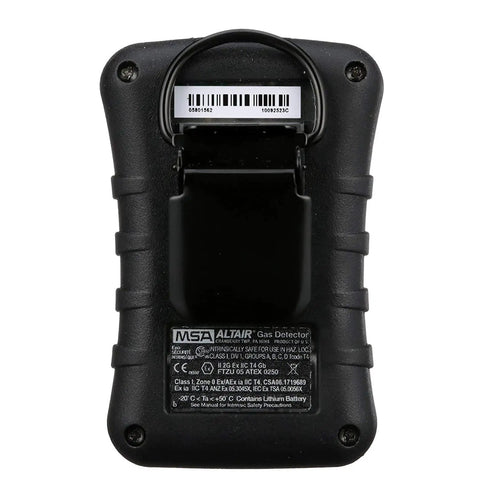 Back view of Single Gas Detector For Oxygen O2 Range 19.52% To 23.0%, Portable Handheld Monitor with durable black casing.
