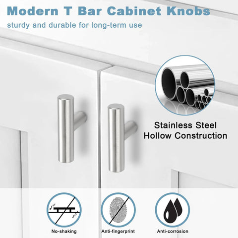 Stainless Steel Cabinet Knobs 30 Pack Brushed Nickel Hardware For Kitchen Cabinets And Dressers, 2 Inch Drawer Pulls, Single Hole, Flat Smooth Face, Built Tough Yet Sleek And Budget Friendly. Stainless steel hollow T-bar cabinet knobs on white cabinets
