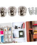 Heavy Duty Eccentric Cabinet Connectors And Screw In Dowel Pins Dead Nuts, silver hardware for secure furniture assembly.