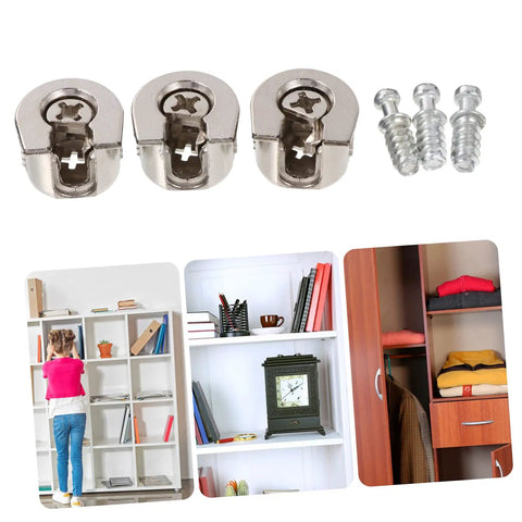Heavy Duty Eccentric Cabinet Connectors And Screw In Dowel Pins Dead Nuts, silver hardware for secure furniture assembly.