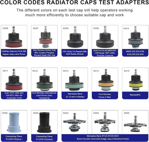Color coded radiator cap test adapters for Heavy Duty Coolant Pressure Tester Kit With Universal Radiator Test Pump And Adapter Set.