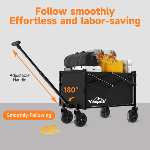 All Terrain Collapsible Wagon Cart with 25 Inch Foldable Design showcasing 180-degree adjustable handle loaded with gear, black