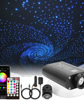 450 Piece RGBW Fiber Optic Star Light Kit For Car And Ceiling shown with starry effect, control app, remote, and cigarette lighter plug