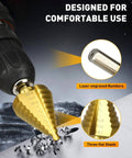 Gold titanium-coated step drill bit with three-flat shank; 10 sizes from 1/4 to 1-3/8 in for metal, plastic, wood.