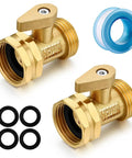 Heavy Duty Brass Garden Hose Shut Off Valve With Three Quarter Inch Male And Female Connectors Solid Brass Ball Valve For Quick On Off Leak Proof Design Durable Watering Tool Two Pack, includes washers and tape.
