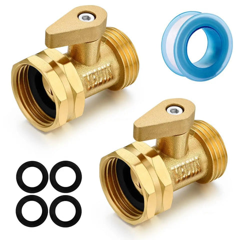 Heavy Duty Brass Garden Hose Shut Off Valve With Three Quarter Inch Male And Female Connectors Solid Brass Ball Valve For Quick On Off Leak Proof Design Durable Watering Tool Two Pack, includes washers and tape.
