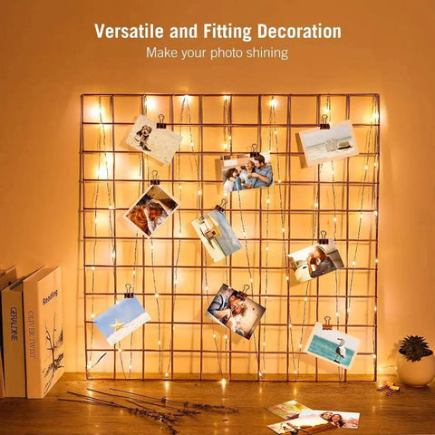 Photo display with 24 Pack Battery Operated Fairy Lights With 3 Modes, 7 Foot Long Silver Wire 20 LED Mini Twinkle String Lights Waterproof