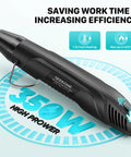 Compact Dual Temp Heat Gun With 350W 500F And 842F Settings, Fast Hot Air Tool displaying 350W power and efficiency features.