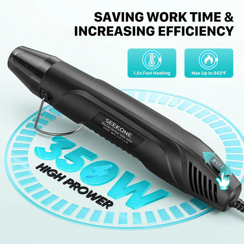 Compact Dual Temp Heat Gun With 350W 500F And 842F Settings, Fast Hot Air Tool displaying 350W power and efficiency features.
