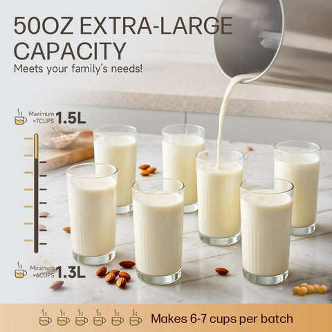Pouring milk from 50oz Almond Milk Maker With Built In Strainer Filter For Smooth Plant Based Milk Soup And Juice In 6 To 7 Cup Batches, 304 Stainless Steel, No Mess Auto Cleaning, 8 In 1 Nut Milk Machine For Soy And Oat into glasses.
