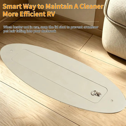 2x10 Inch Aluminum RV Floor Vent Cover With Magnet Assisted Removable Lid shown on wooden floor in khaki finish.