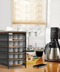 Five Tier Coffee Pod Storage Drawer For Keurig Pods Holds 90 Pods With Sliding Baskets, Rustic Wood Top in kitchen setting