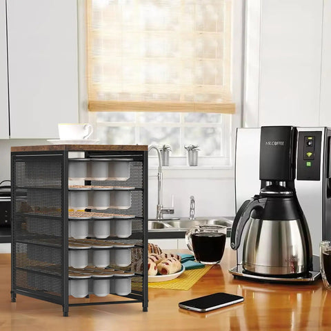 Five Tier Coffee Pod Storage Drawer For Keurig Pods Holds 90 Pods With Sliding Baskets, Rustic Wood Top in kitchen setting