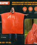 Man wearing 4 Pack Emergency Ponchos With Thickened Mylar Blanket Lining, Windproof Waterproof Thermal Orange Survival Gear.
