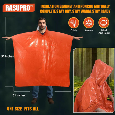 Man wearing 4 Pack Emergency Ponchos With Thickened Mylar Blanket Lining, Windproof Waterproof Thermal Orange Survival Gear.