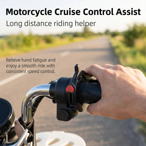 Heavy Duty Motorcycle Cruise Control Throttle Lock With Serrated Heart Push Button Nonslip Handlebar Mount shown on a bike handle.