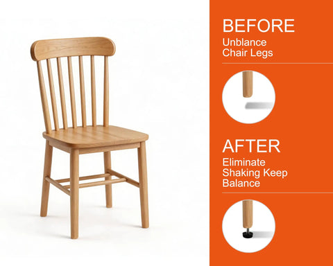 No Fuss 24 Pack Stainless Steel Adjustable Furniture Levelers for stabilizing a wooden chair's unbalanced legs.