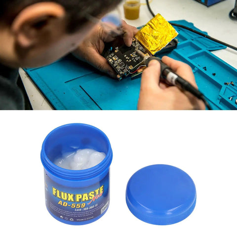 Technician using Eco Friendly Solder Paste Flux Cream for Electronics Repair 100g on PCB with open jar of flux cream nearby