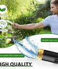 High QUA non-expanding garden hose with yellow brass connectors and jet nozzle; side view of man watering outdoors.