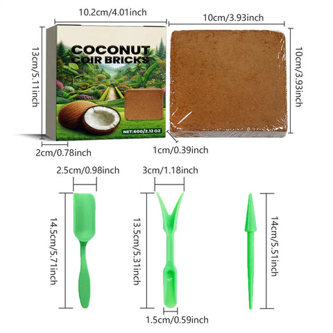 Planting Brick Compressed Fiber Reusable Mulch For Transplanting And Hydroponics package with tools and measurements.