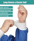 Close-up of fitting white knit cuffs on blue dental disposable lab coat set knee length 3 pockets soft knit cuffs and collar SMS 45G material