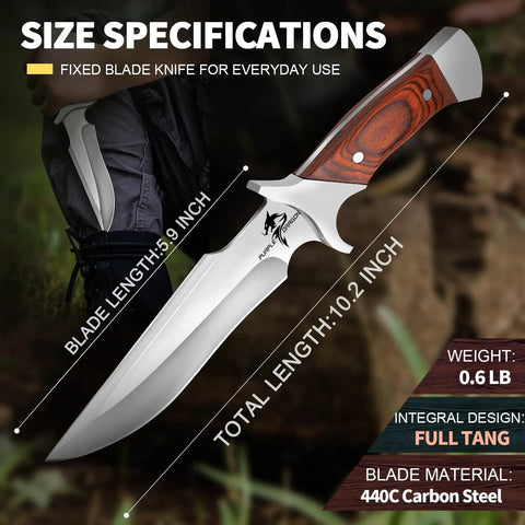 Fixed Blade Camping Knife With Sheath 6 Inch Outdoor Knife Full Tang 440C Steel Bushcraft Knife With Redwood Handle