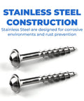 Two stainless steel screws showing construction focus for Stainless Steel Pocket Hole Screws For Outdoor Woodworking One And A Quarter Inch Coarse Thread Maxi Loc Head 100 Count Perfect For Cabinets And Furniture Building Softwood And Plywood Projects Rust Resistant.