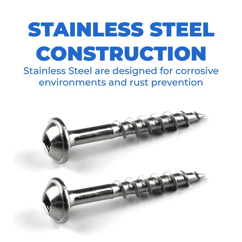 Two stainless steel screws showing construction focus for Stainless Steel Pocket Hole Screws For Outdoor Woodworking One And A Quarter Inch Coarse Thread Maxi Loc Head 100 Count Perfect For Cabinets And Furniture Building Softwood And Plywood Projects Rust Resistant.