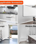 4 Inch Peel And Stick Vinyl Baseboard Trim 20 Ft Roll Flexible Waterproof Rubber Molding Easy Install No Mess Perfect For Bathroom Kitchen Bedroom Office White shown in kitchen, office, garage, shower room