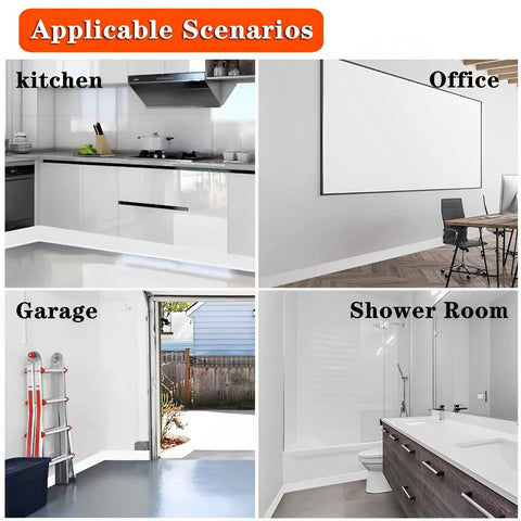 4 Inch Peel And Stick Vinyl Baseboard Trim 20 Ft Roll Flexible Waterproof Rubber Molding Easy Install No Mess Perfect For Bathroom Kitchen Bedroom Office White shown in kitchen, office, garage, shower room