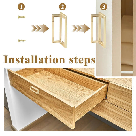 Installation steps for Four Pack 4.4 Inch Gold Flush Ring Pull Handles with screws on a wooden drawer.