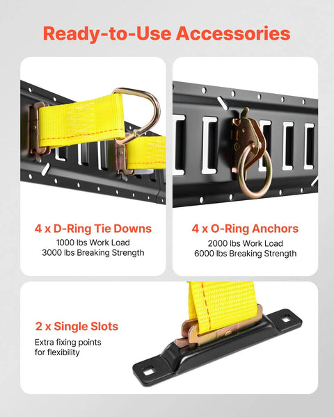 E Track Tie Down Rail Kit 4 Pack 2 Ft Rails with Ratchet Straps and D-Ring, O-Ring Anchors for heavy duty cargo securement