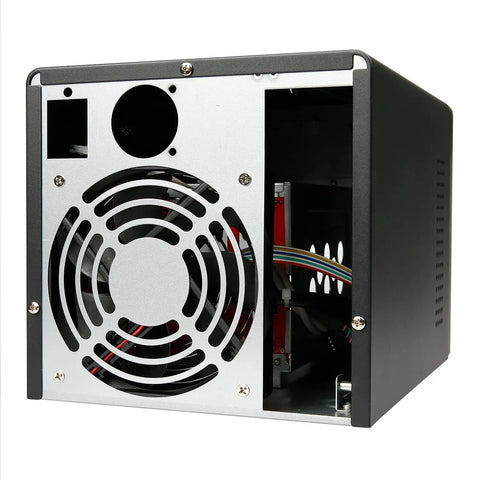 Rear view of Mini ITX NAS Case K3 Dope 4 Bay DIY Computer Enclosure with back fan and drive bays visible.