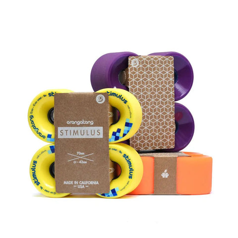 Stimulus 70mm 86A Freeride Longboard Wheels Yellow Set of 4 with packaging, ideal for tricks and cruising on any terrain
